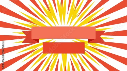 Red ribbon banner template overlay on a spinning yellow and red retro radial sunburst background