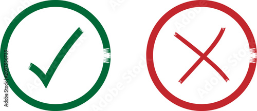 Grunge textured check mark and cross sign in circles set