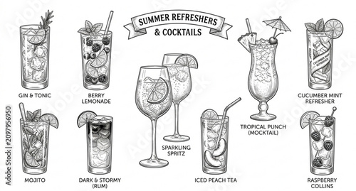 Schilderij op canvas Cocktail Bar Menu Sketch with Long Glass Drinks and Decorative Iced Beverages