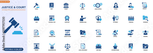 Photos Justice and court icon set for legal system and criminal law applications