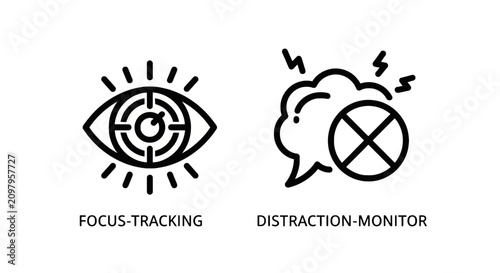 Focus tracking and distraction monitor icon set with tracking distraction attention concentration productivity management workflow efficiency