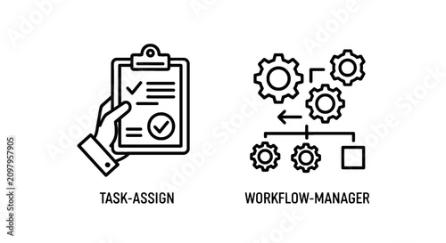 Task assignment and workflow manager business icons showing hand with clipboard and gears process assignment workflow business clipboard organize