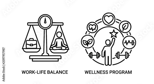 Work life balance and wellness program concept icons with wellness lifestyle business exercise nutrition meditation corporate wellbeing
