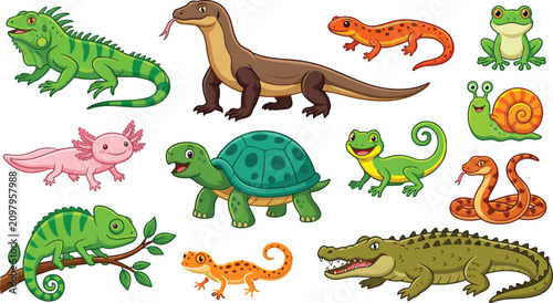 Bild auf Leinwand Cute Cartoon Reptile and Amphibian Vector Set Featuring Iguana Turtle Crocodile