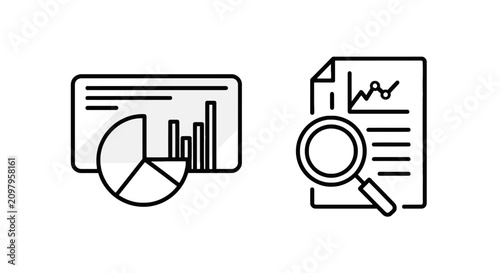 Business data analysis and financial reporting icon set with magnifying business analysis document financial statistics research investigation