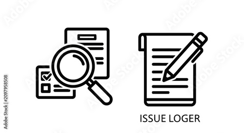 Issue logger and audit reporting document icons with document magnifier analysis business management compliance verification tracking workflow
