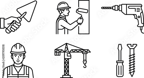 Construction and home renovation outline icons set featuring building tools painter worker vector elements