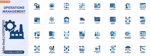 Canvastavla Operations management icon set for workflow control and supply chain coordination