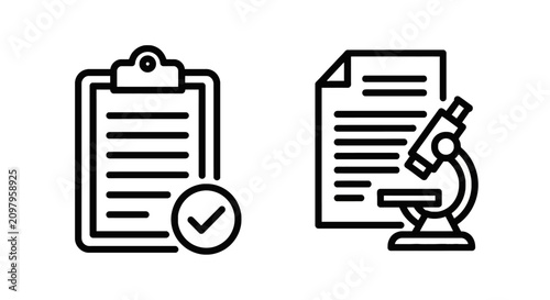 Checklist document and laboratory microscope research icons with checklist document microscope research laboratory experiment analysis verified