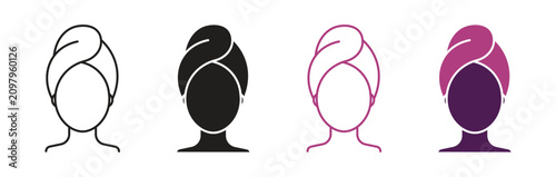 Woman face with towel turban icon set for spa beauty skincare. Health care symbol, vector illustration.