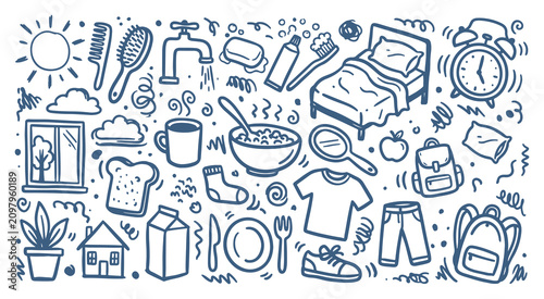 Quadro su tela Hand drawn doodle icon set of morning home activities and daily necessities feat