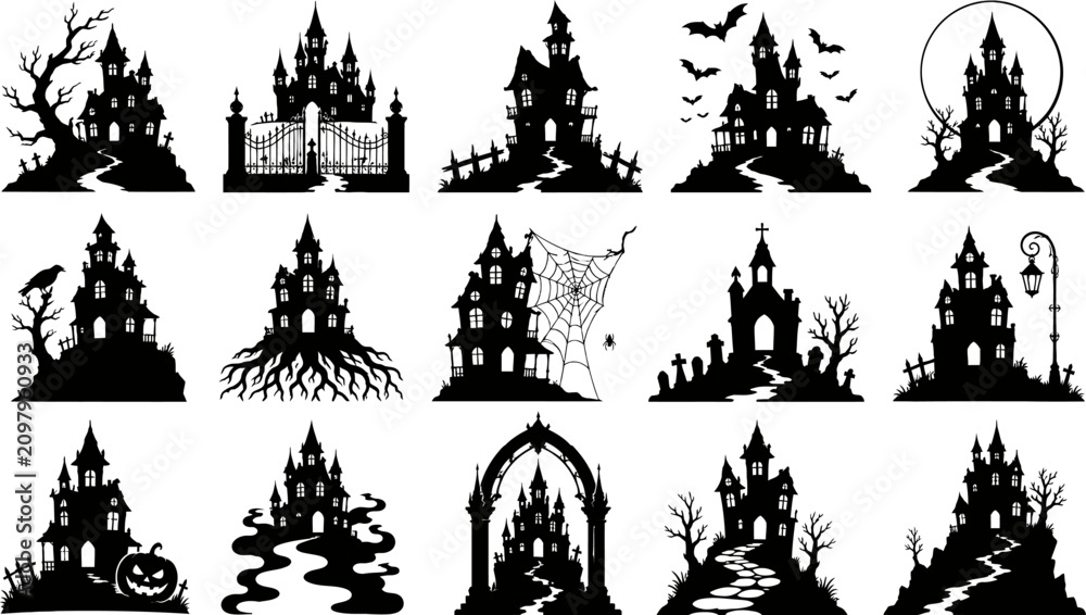 Fototapeta premium Spooky silhouette collection haunted houses graveyards and halloween night scenes for design projects