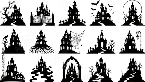 Obraz na płótnie Spooky silhouette collection haunted houses graveyards and halloween night scene