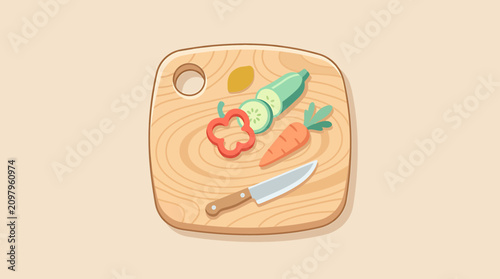 Vegetables and knife on cutting board.