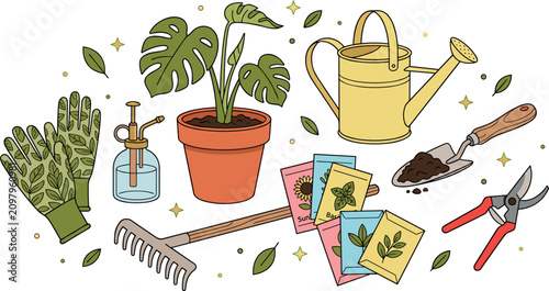 Konstfotografi Vector illustration of gardening tools potted monstera plant watering can gloves