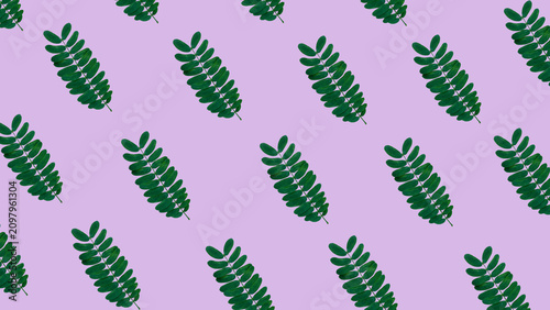 Картината върху платно Seamless diagonal print pattern of isolated green pinnate leaves repeating over a plain lavender purple background