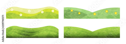 Cute green grass hills and spring flower meadows horizontal banners set, abstract minimalist watercolor grunge textured nature landscapes isolated on transparent background vector illustration