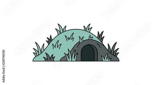 Fotografi Cartoon cave entrance with grass.