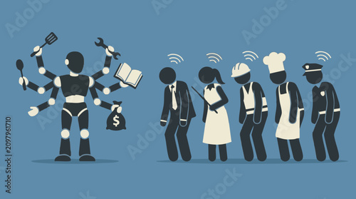 AI Robot Multitasking Replaces Human Workers, Concept of Job Displacement