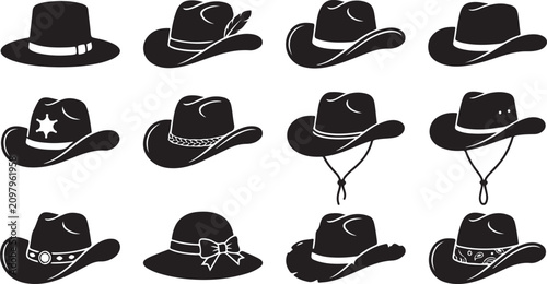 Foto Collection of twelve black silhouette featuring various styles of cowboy hats, w