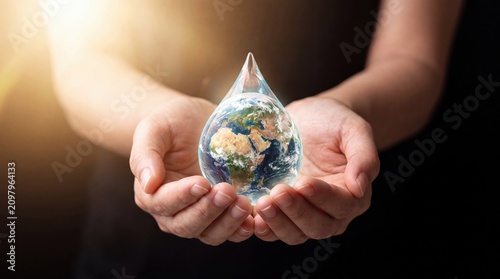 Cupped hands holding a transparent water drop with pair human hands gently cradling large