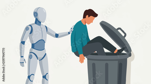Принти на полотні Robot pushing a sad man into a trash can, depicting obsolescence