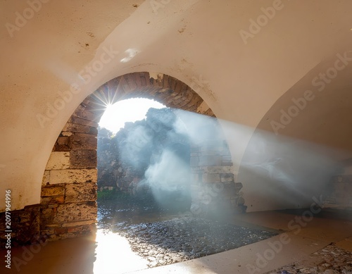 Close up of water fountain misting in sunlight.