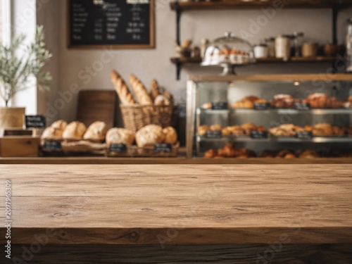 Warm bakery interior featuring an empty wooden counter, artisan bread, pastries, shelves, and a softly blurred café background. Rustic Bakery Counter with Fresh Bread Display