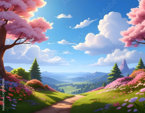 Serene spring landscape with blooming cherry trees and mountains.