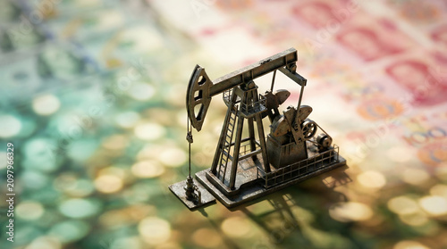 Petrodollar vs Petroyuan: US Dollars and Chinese Yuan Energy Trade Concept. Oil Pumpjack on US Dollars and Chinese Yuan