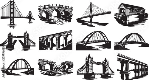 Bild auf Leinwand Collection of twelve black and white bridge silhouettes, featuring various archi