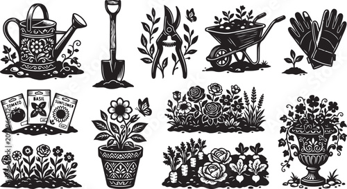 фотографія Set of black and white gardening featuring a watering can, shovel, pruners, whee