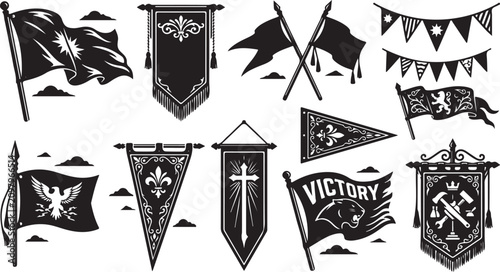 Bild auf Leinwand Set of black and white heraldic flags, medieval banners, pennants, and bunting w