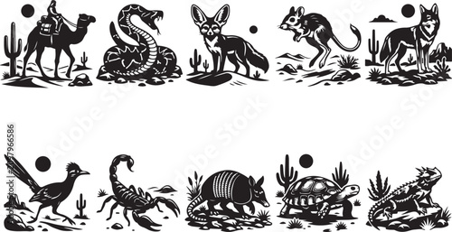 Foto Set of ten black and white desert animal featuring a camel, snake, fennec fox, j