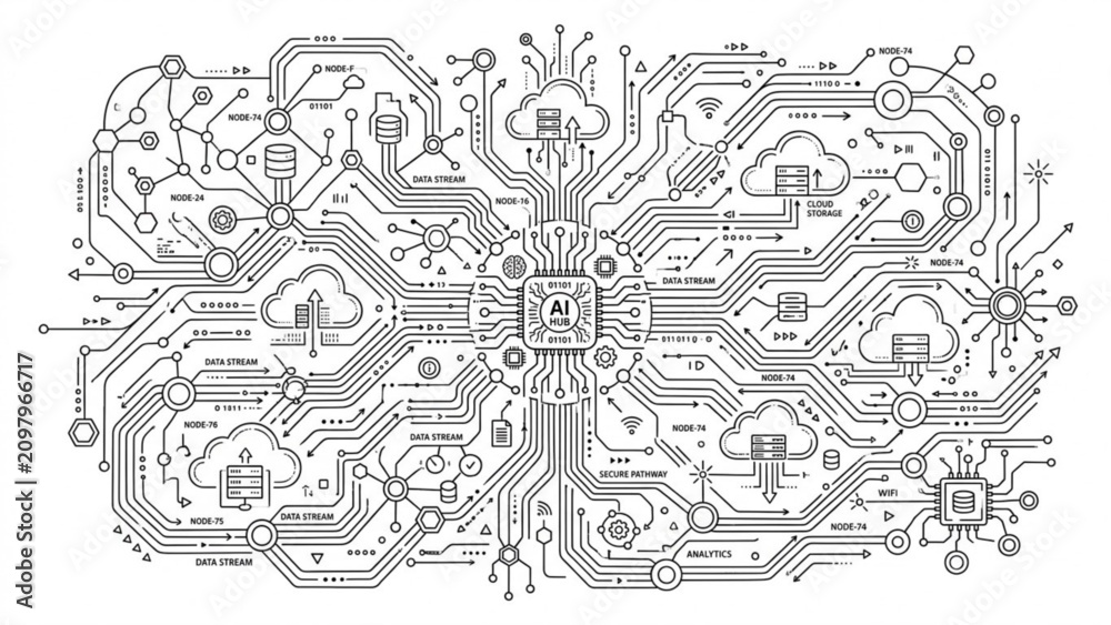 Obraz premium Futuristic Data Network Line Illustration Set with Neon Nodes, Digital Connections and Technology Flow Concept