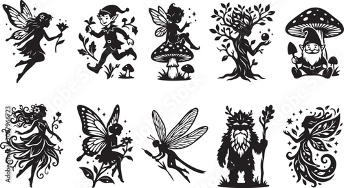 Foto Set of ten black silhouette featuring magical forest creatures, including fairie