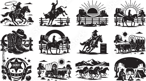 Fotografie Set of twelve black and white western featuring cowboys, horses, bucking bulls,