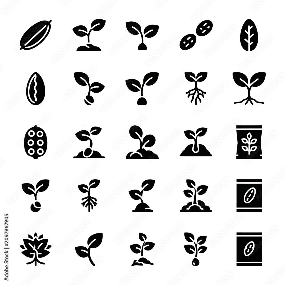 Fototapeta premium Collection of black and white plant growth icons.