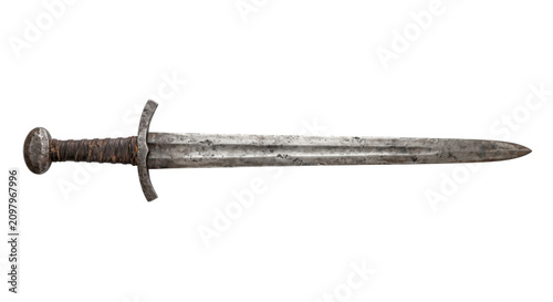 Konstfotografi Ancient medieval sword with weathered steel blade and leather-wrapped hilt