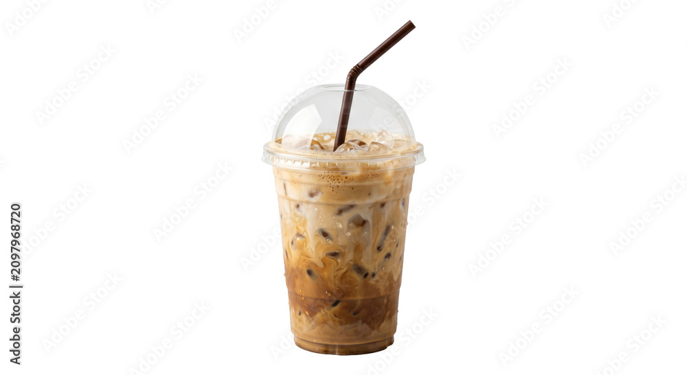 Fototapeta premium Refreshing iced coffee with cream and ice in a clear plastic cup
