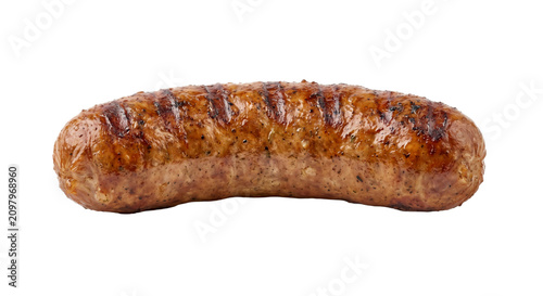 Quadro su tela Juicy grilled sausage with char marks on a white background