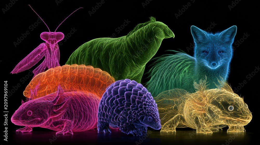 Fototapeta premium Ten niche animals glow in neon colors across a wide scene featuring mantis shrimp, axolotl, tardigrade, pangolin, and more
