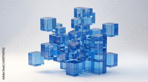 Abstract composition of translucent blue cubes forming a complex, interconnected geometric structure against a light background.