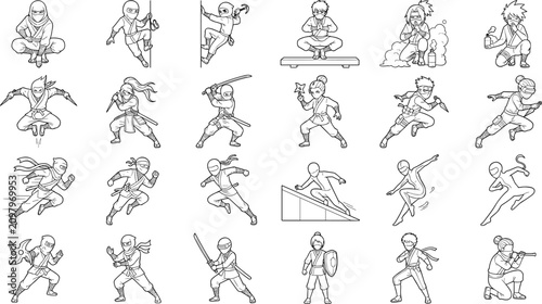 Fotografie Ninja Character Action Pose Outline Vector Set Featuring Martial Arts Stealth Wa