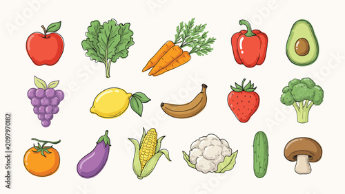 Fresh fruits and vegetables collection set with colorful produce icons, broccoli