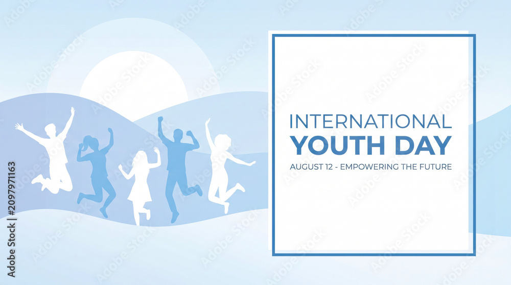 Fototapeta premium International Youth Day banner with silhouettes of happy people jumping, August 12 empowering the future concept, blue minimalist social media graphic