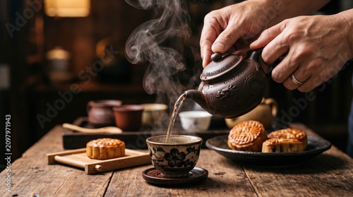 Traditional chinese tea ceremony with mooncakes on a rustic wooden table