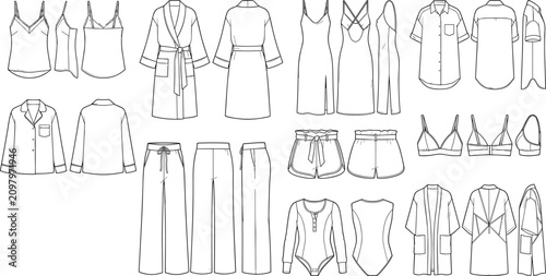 Tableau sur toile Women Sleepwear Fashion Technical Flat Sketch Set with Pajamas Robe Camisole Nig