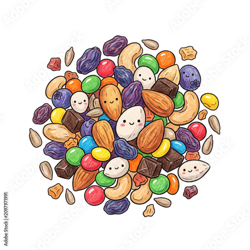 Whimsical Trail Mix Characters: A delightful illustration of a mixed trail snack featuring an assortment of nuts, chocolate candies, and dried fruits, each with a cute, smiling cartoon face.