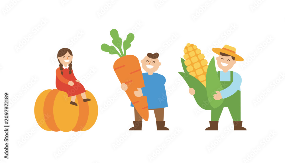 Fototapeta premium Happy farmers holding giant vegetables vector illustration